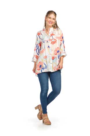 PT-16045 - FLORAL PINTUCK BUTTON FRONT TOP - Colors: NAVY, WHITE - Available Sizes:XS-XXL - Catalog Page:51 